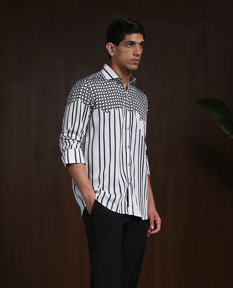 White & Black Slim Fit Tencel Shirt with Bold Print Accents