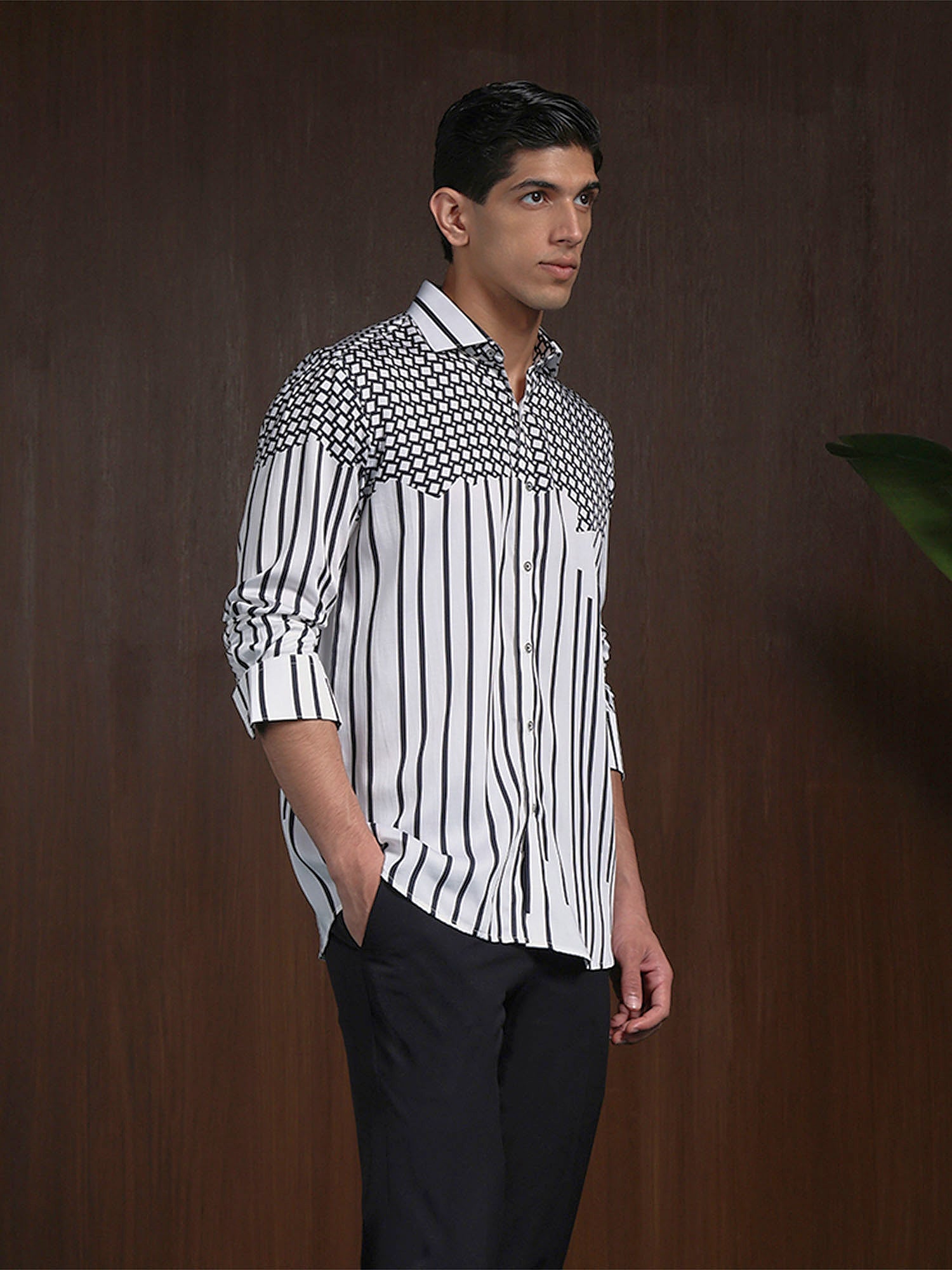 White & Black Slim Fit Tencel Shirt with Bold Print Accents