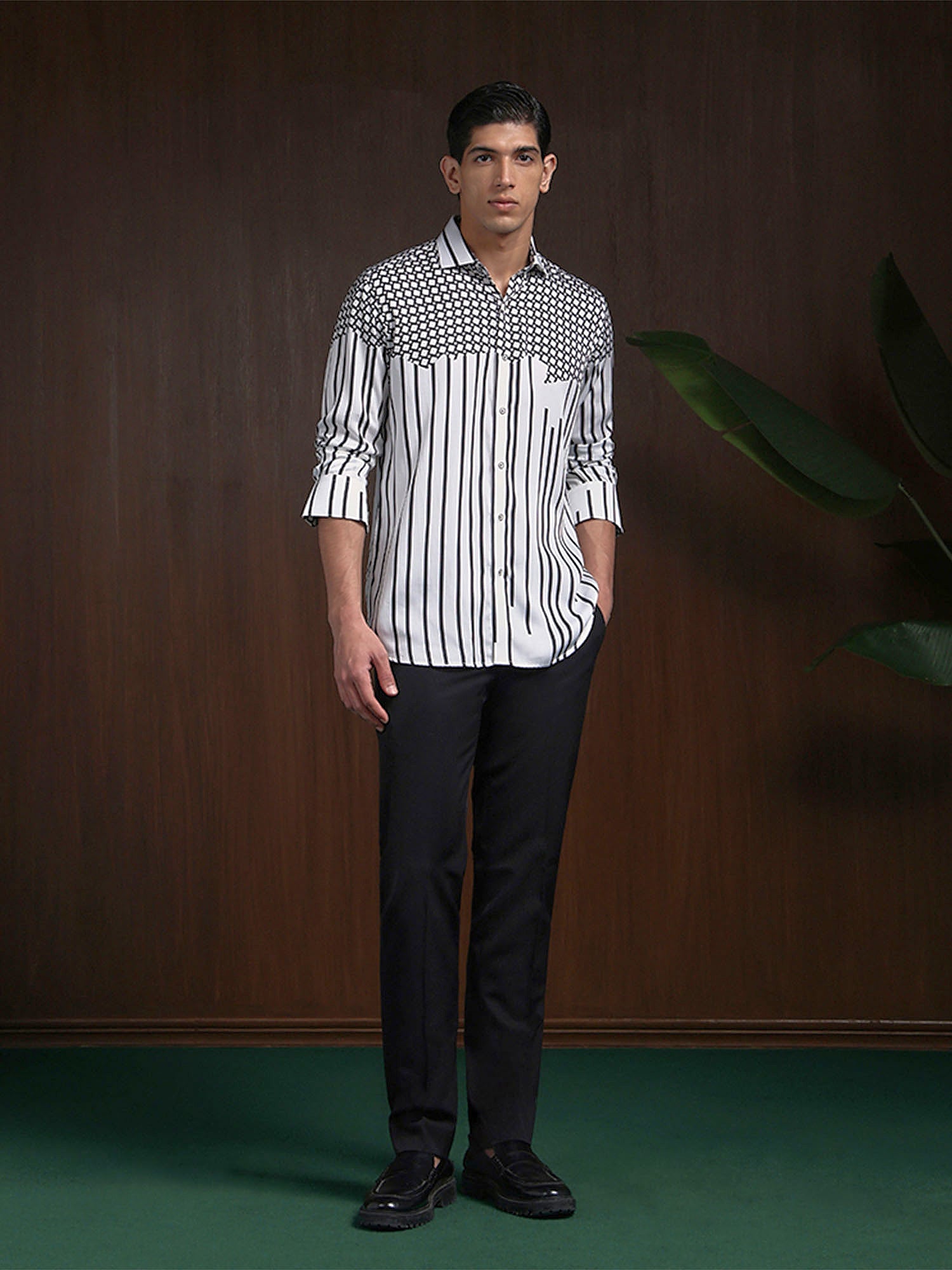 White & Black Slim Fit Tencel Shirt with Bold Print Accents