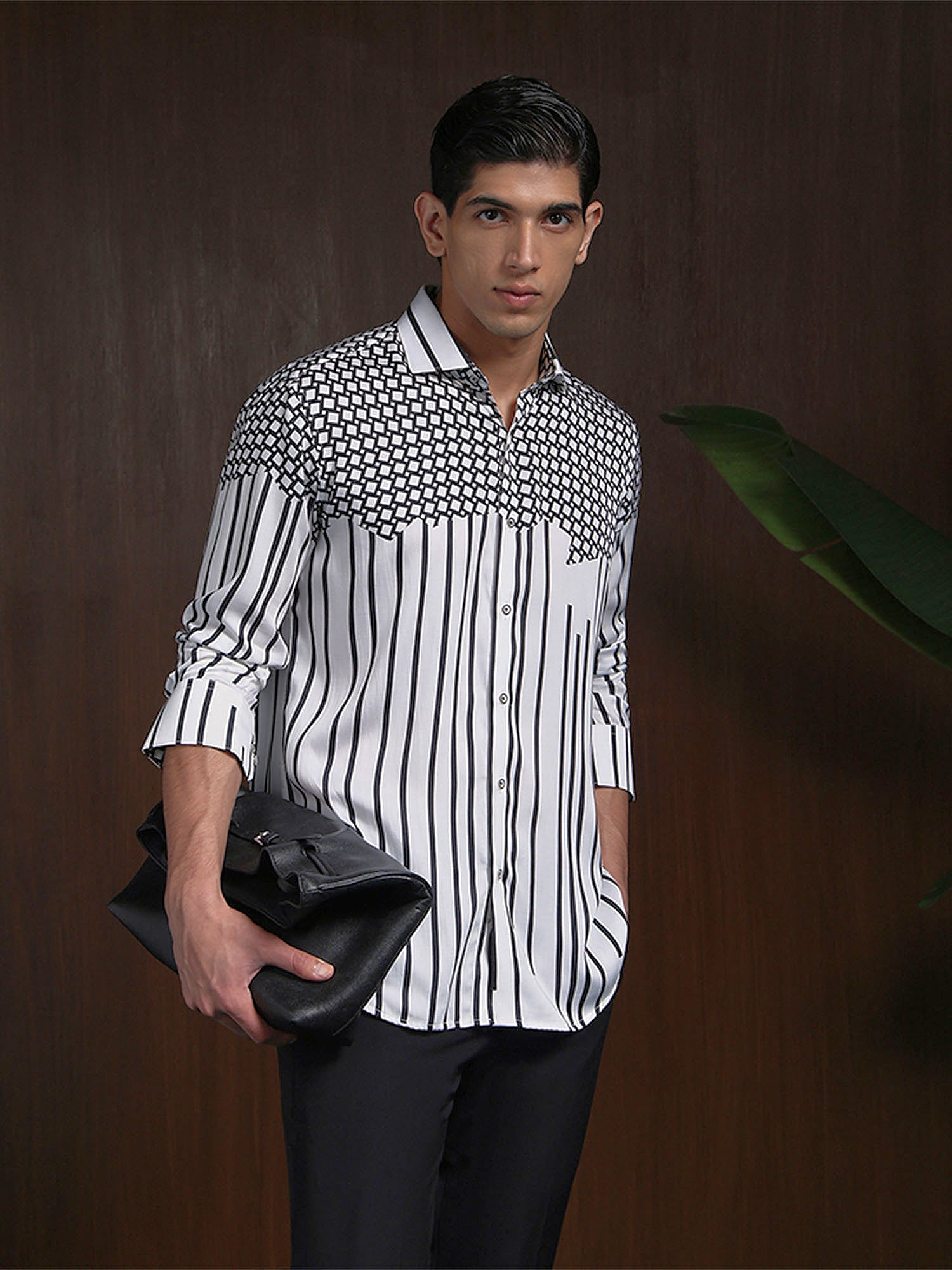 White & Black Slim Fit Tencel Shirt with Bold Print Accents
