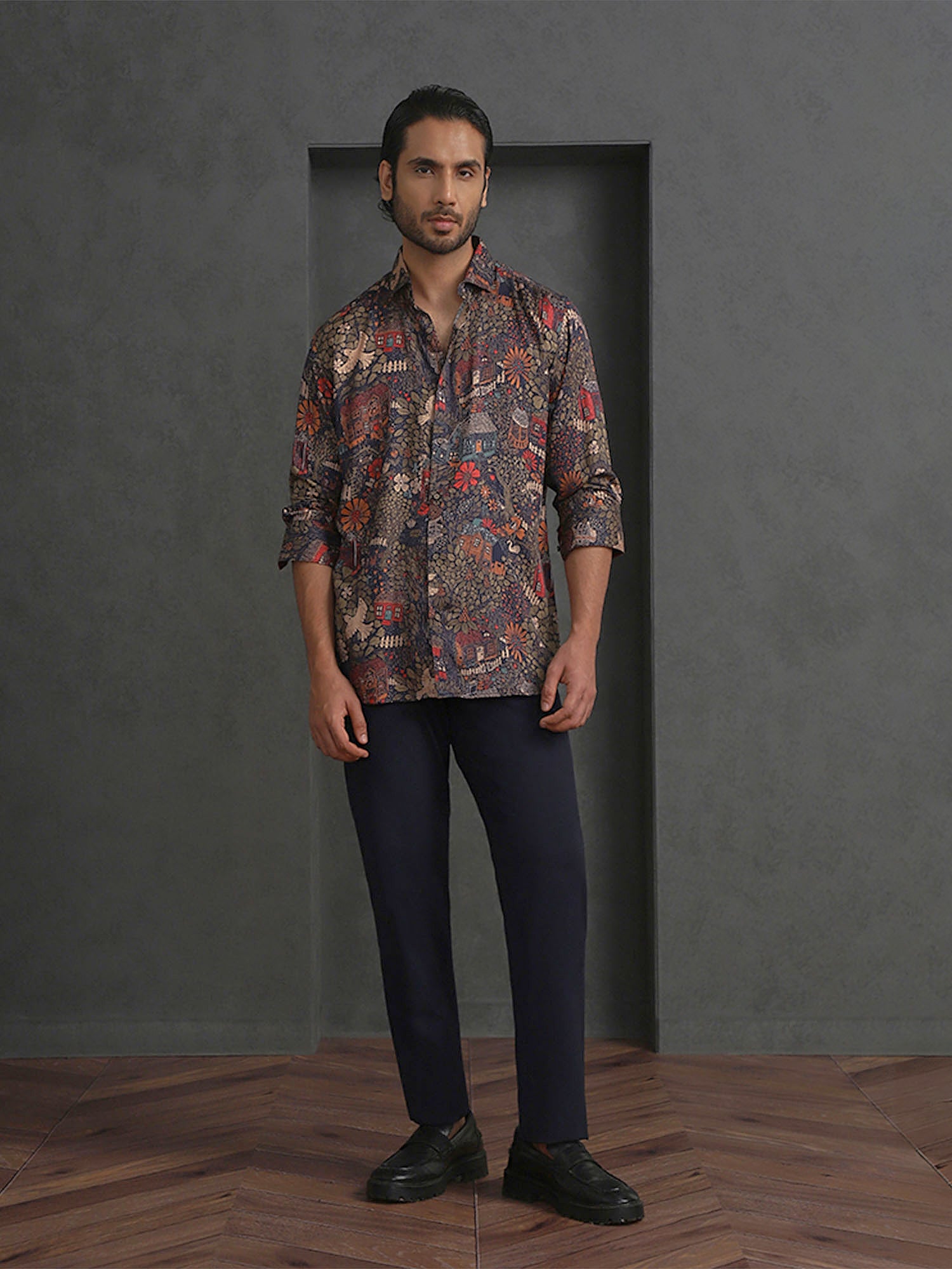 Navy Blue Printed Slim Fit Full Sleeve Tencel Shirt