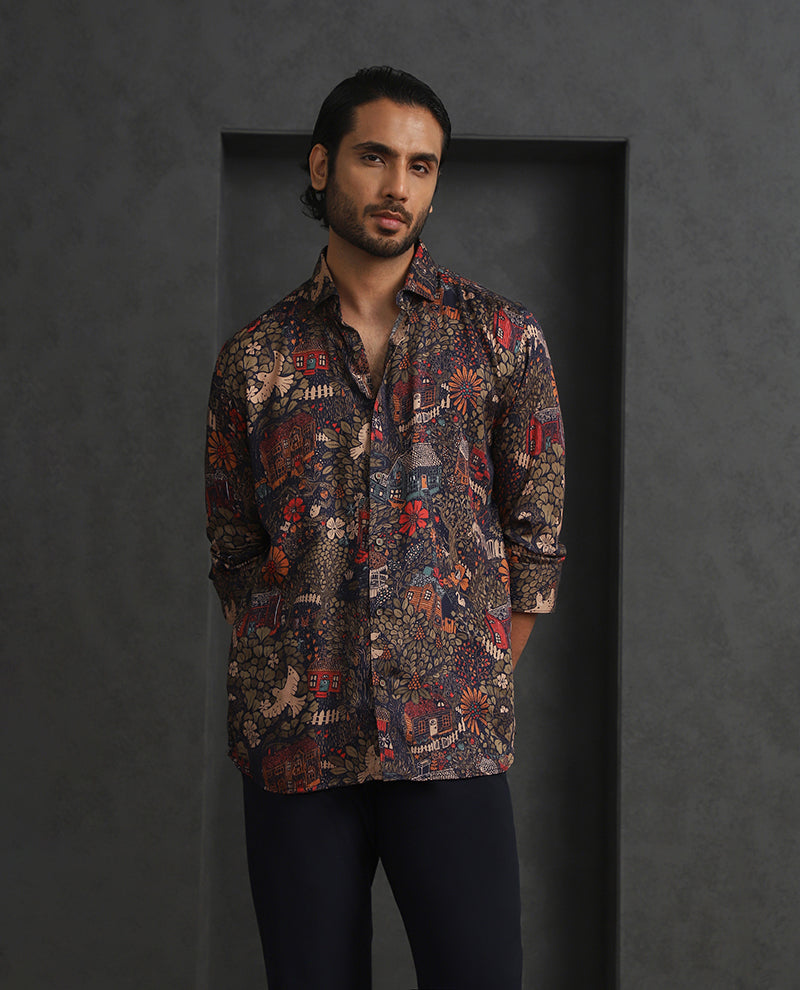 Navy Blue Printed Slim Fit Full Sleeve Tencel Shirt