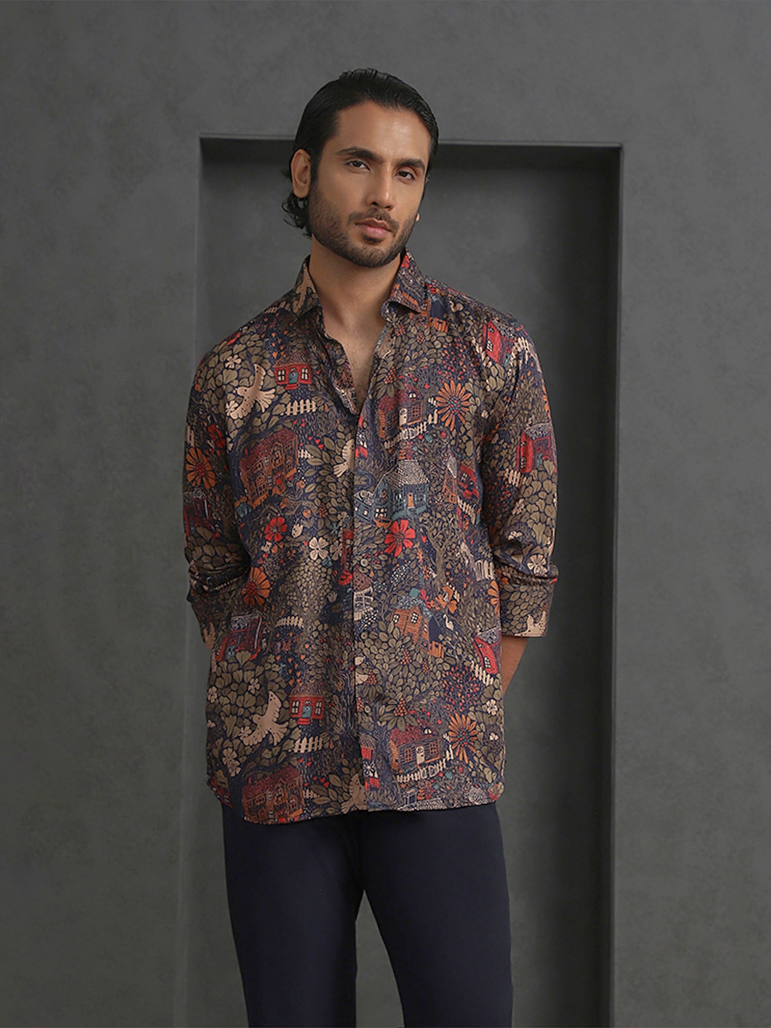 Navy Blue Printed Slim Fit Full Sleeve Tencel Shirt