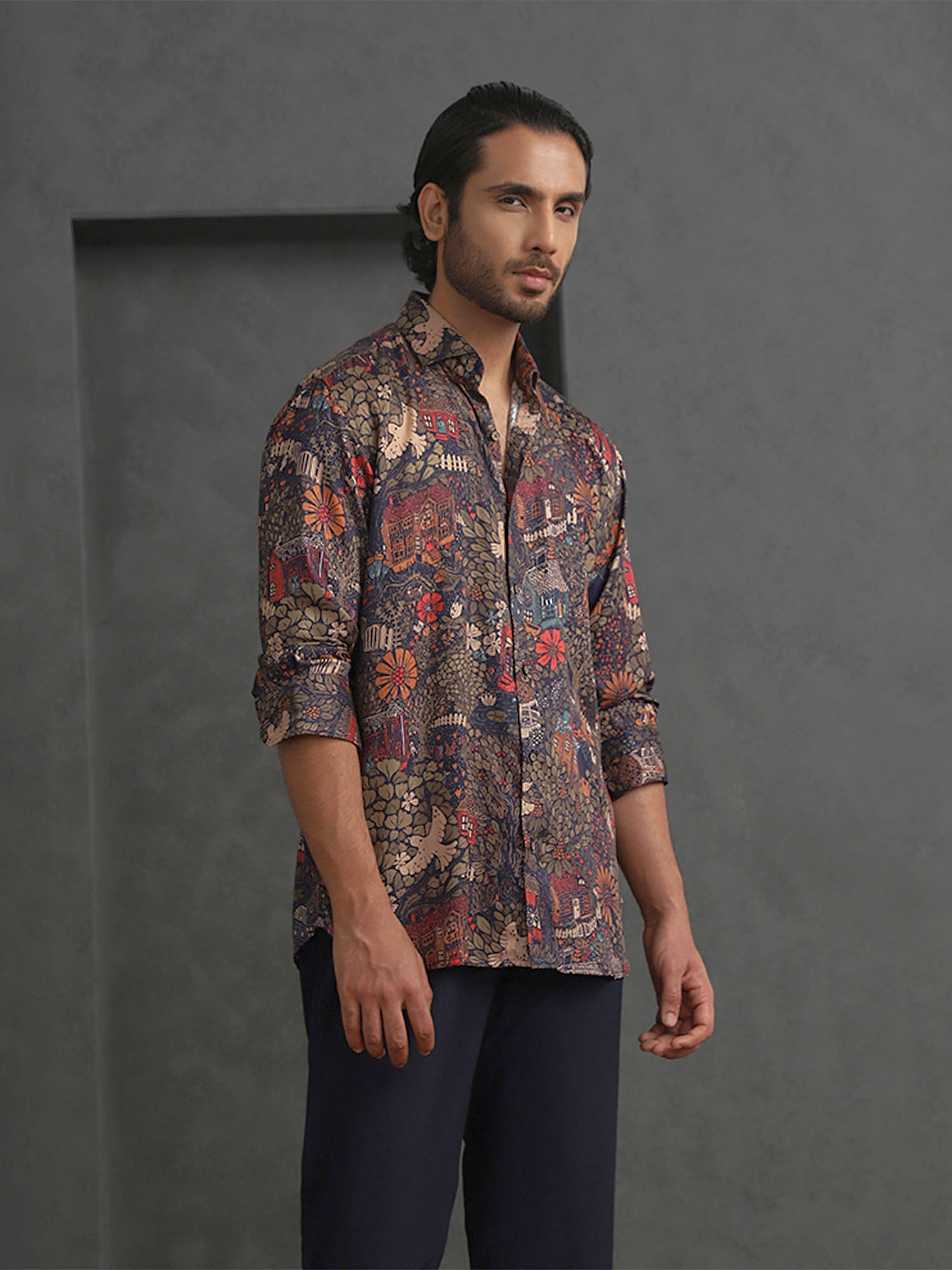Navy Blue Printed Slim Fit Full Sleeve Tencel Shirt