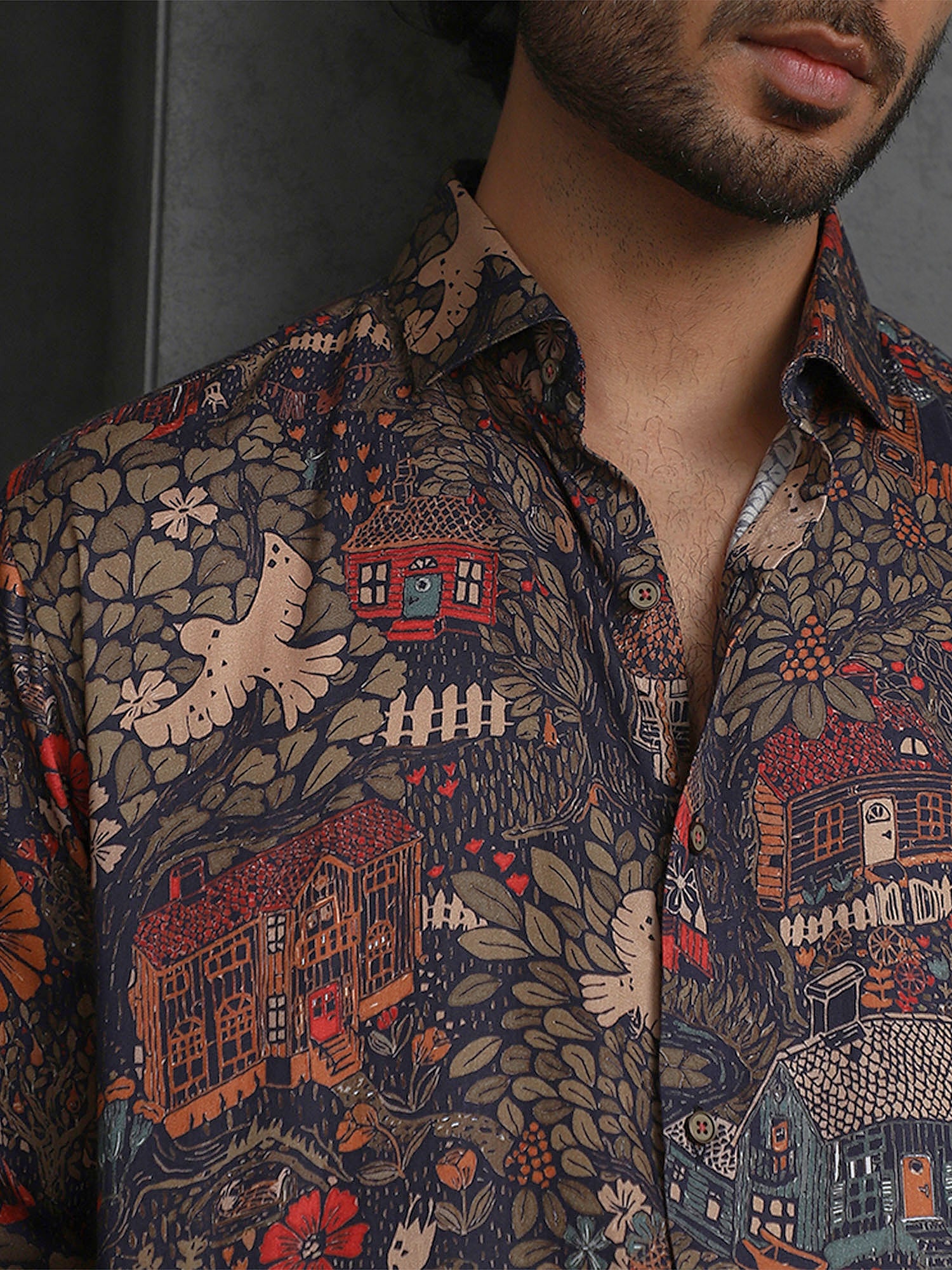 Navy Blue Printed Slim Fit Full Sleeve Tencel Shirt