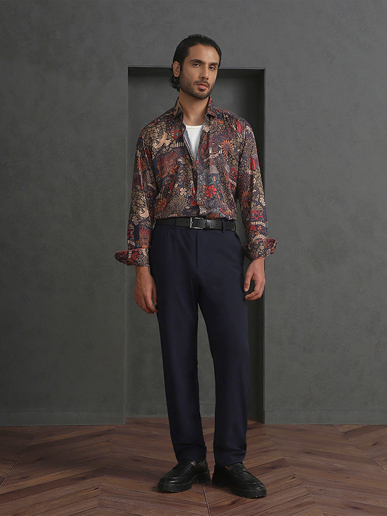 Navy Blue Printed Slim Fit Full Sleeve Tencel Shirt
