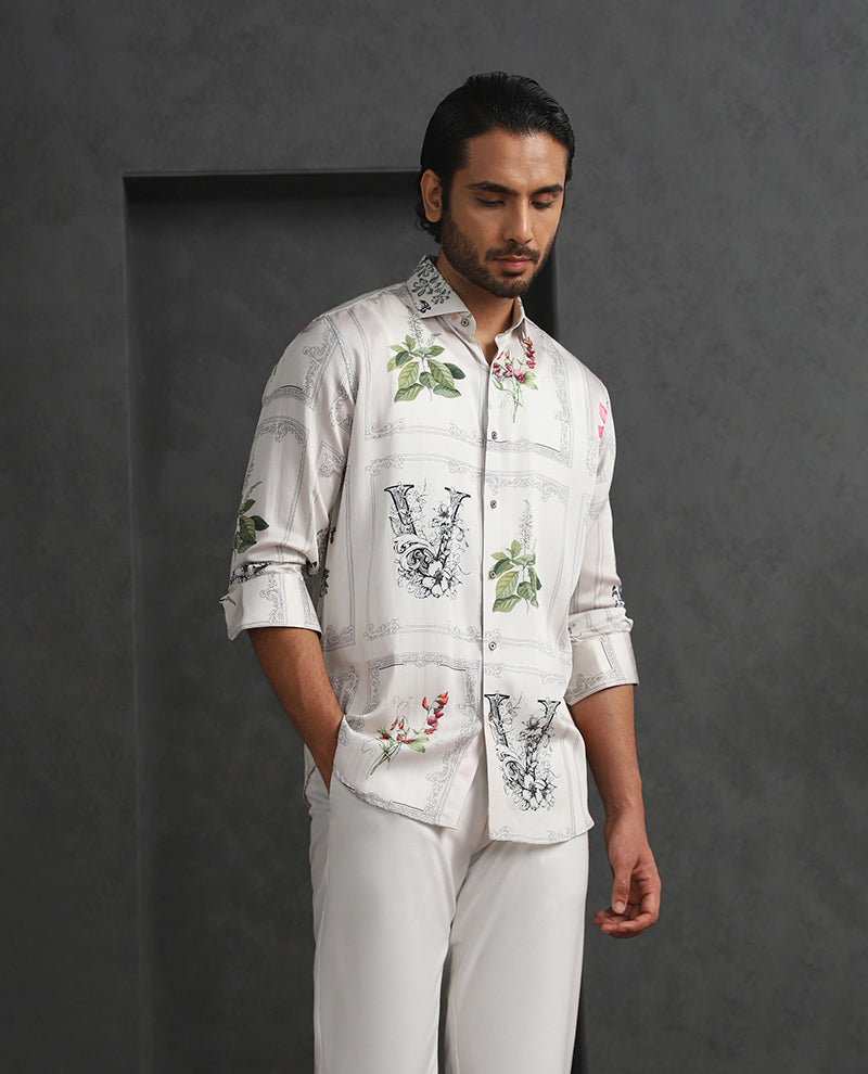 Cream Slim Fit Tencel Shirt with Refined Print Detailing