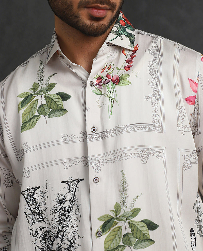 Cream Slim Fit Tencel Shirt with Refined Print Detailing