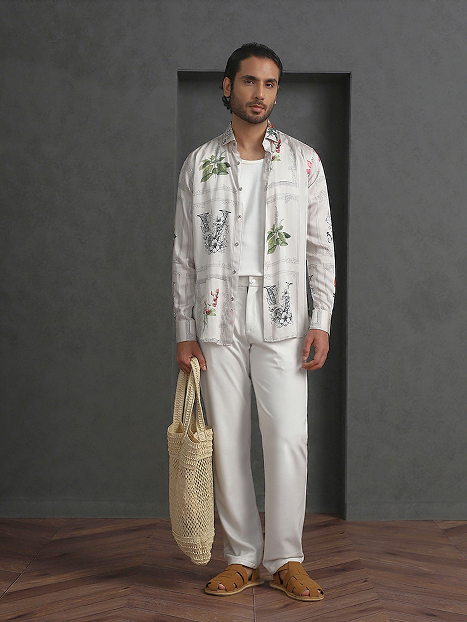 Cream Slim Fit Tencel Shirt with Refined Print Detailing