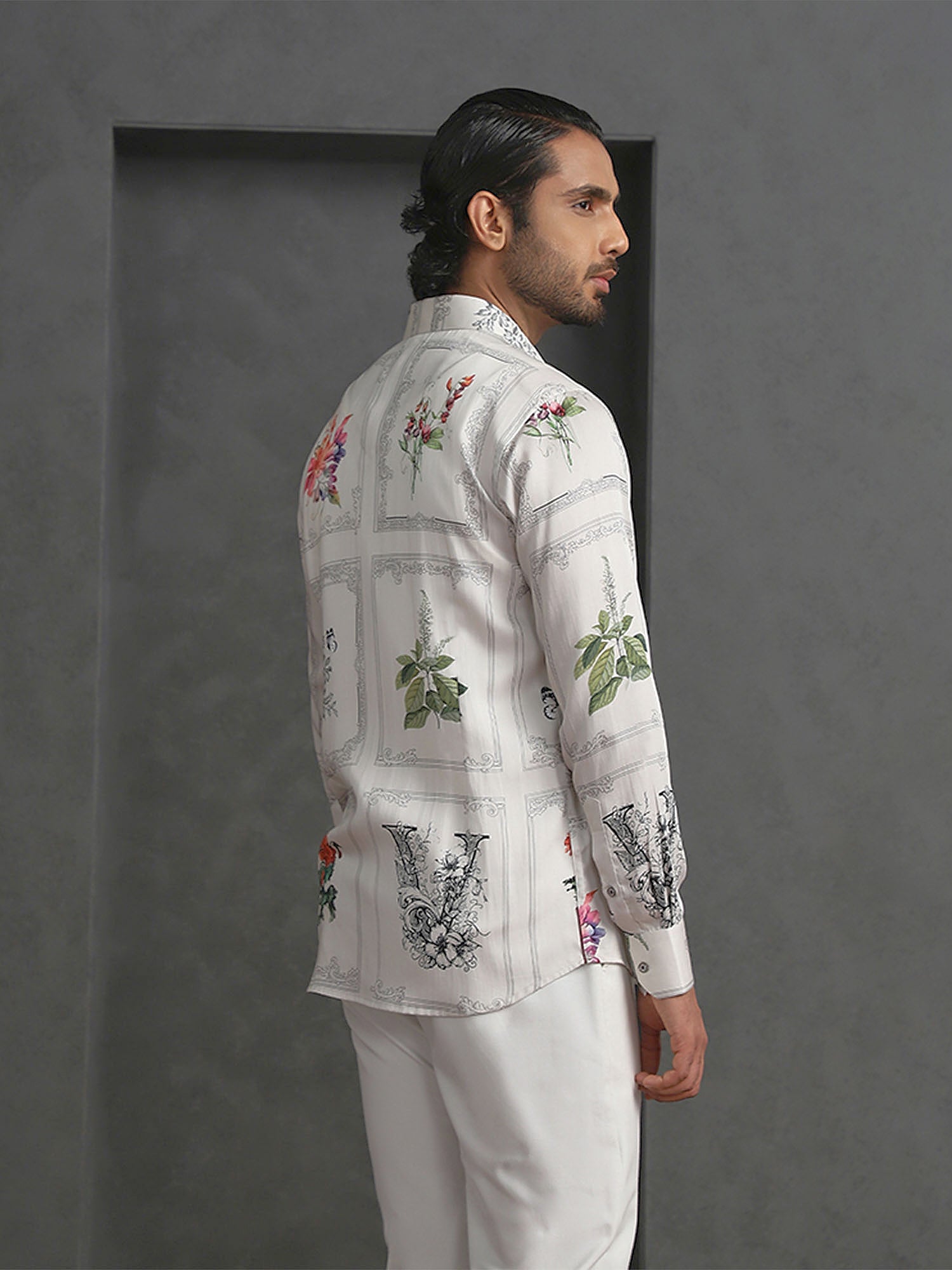 Cream Slim Fit Tencel Shirt with Refined Print Detailing