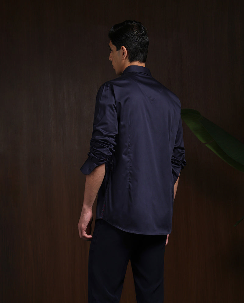 Navy Blue Slim Fit Cotton Shirt with Premium Embroidery Accents