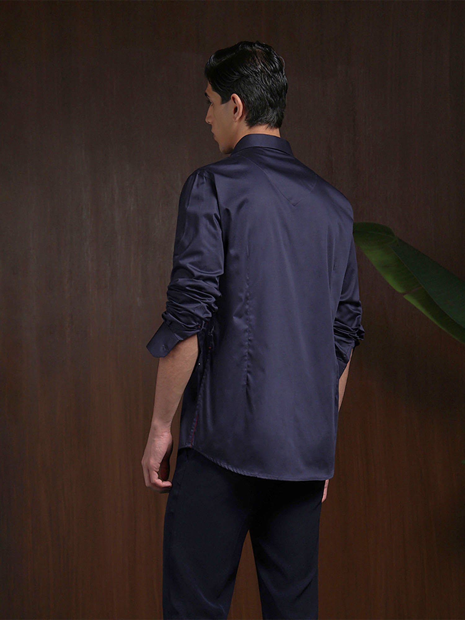 Navy Blue Slim Fit Cotton Shirt with Premium Embroidery Accents