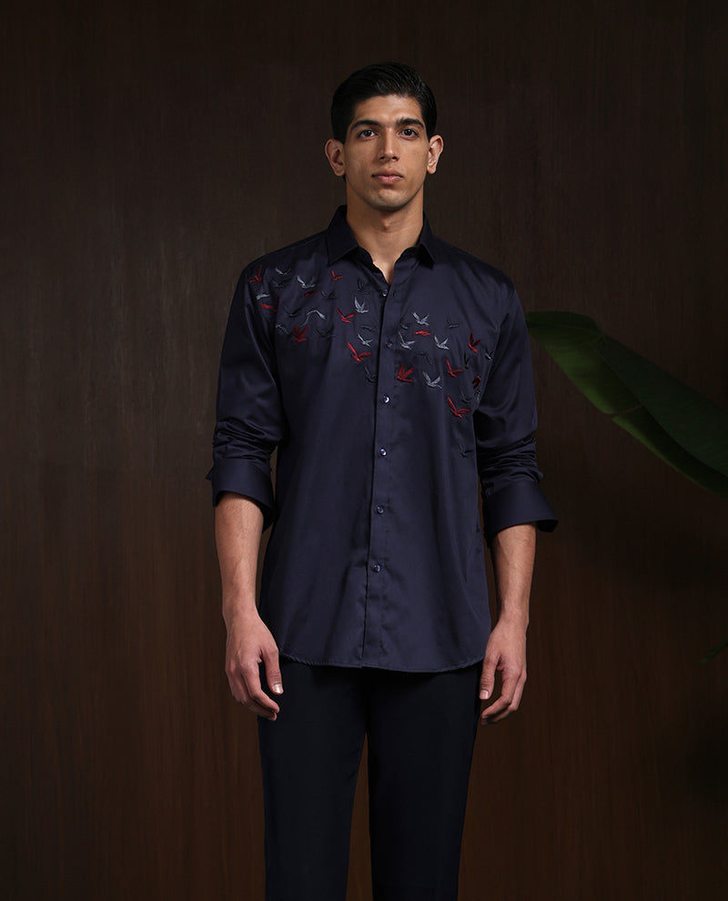 Navy Blue Slim Fit Cotton Shirt with Premium Embroidery Accents