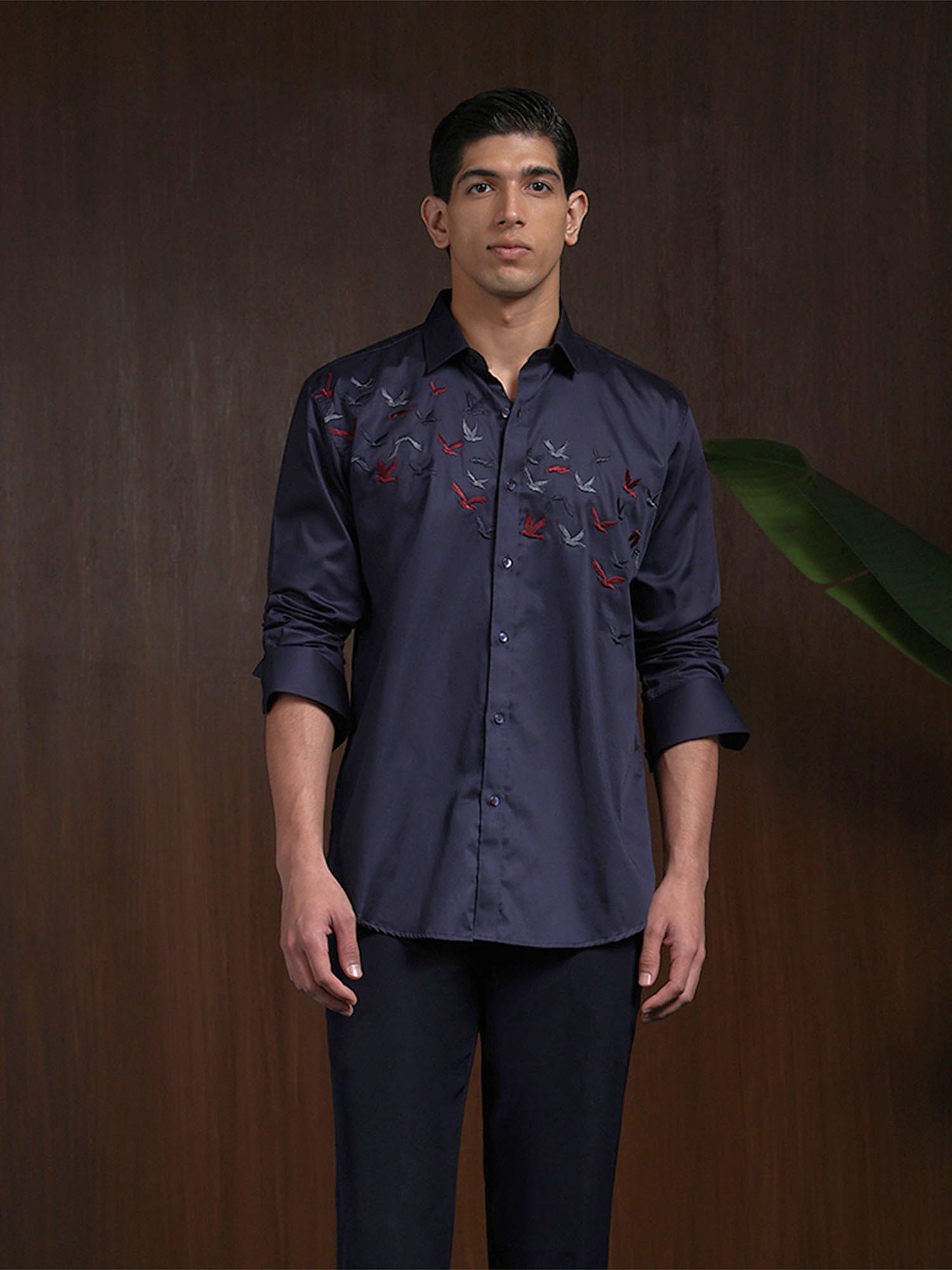 Navy Blue Slim Fit Cotton Shirt with Premium Embroidery Accents