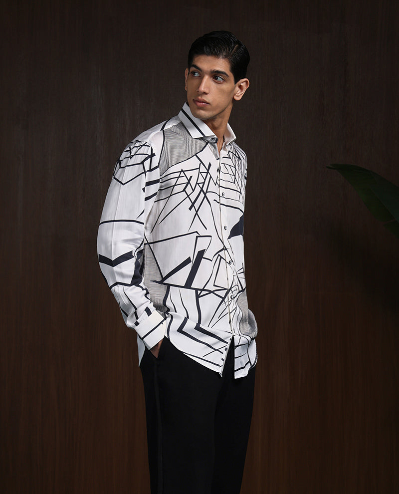 White & Black Slim Fit Tencel Shirt with Striking Print Design
