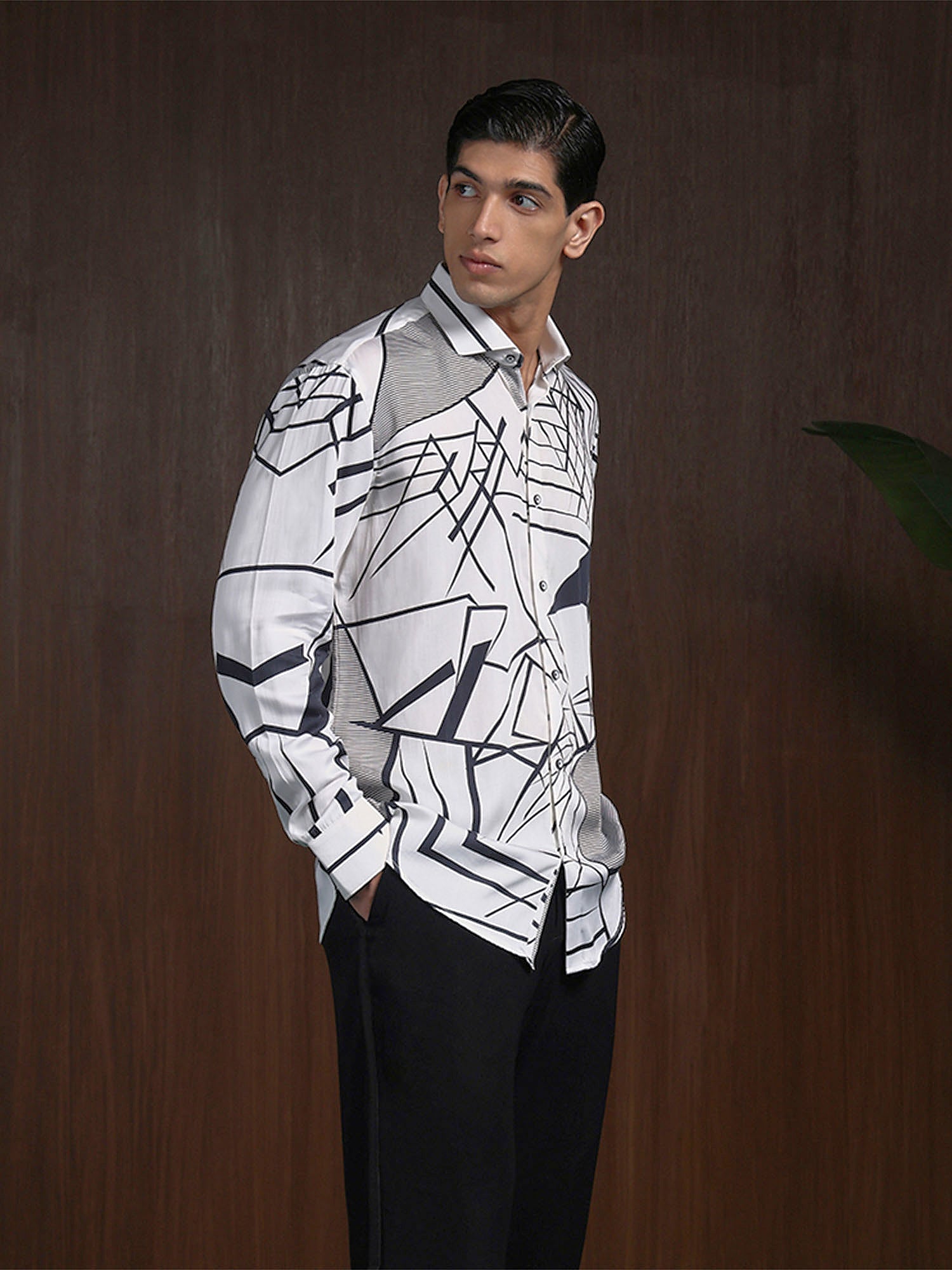 White & Black Slim Fit Tencel Shirt with Striking Print Design