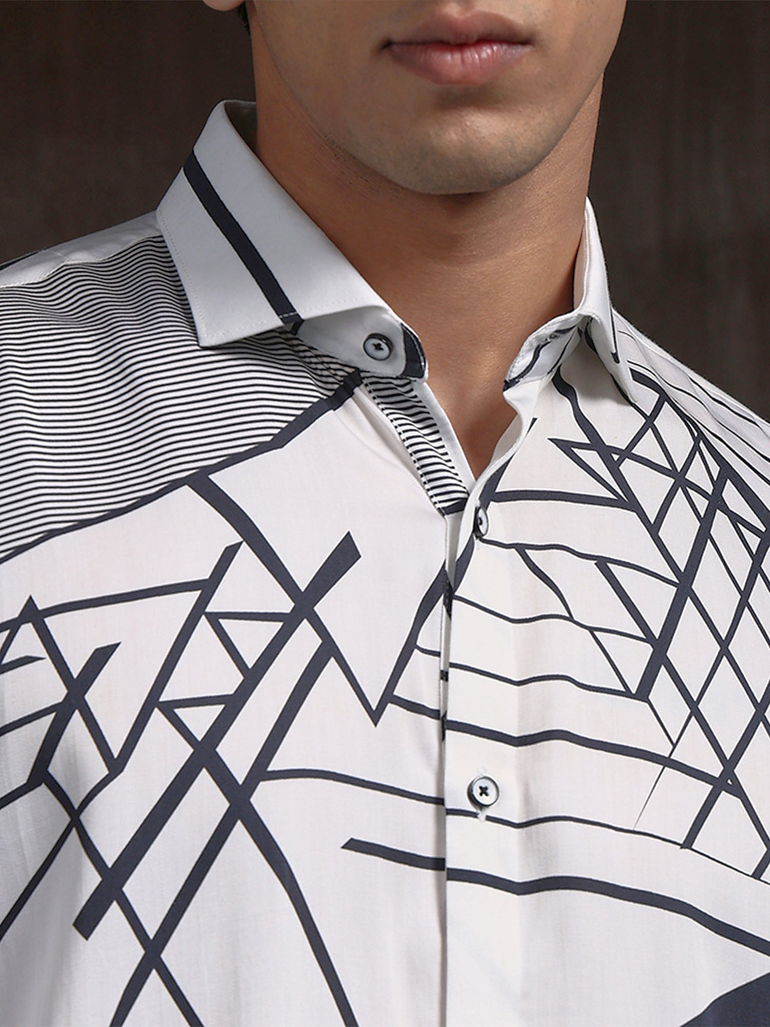 White & Black Slim Fit Tencel Shirt with Striking Print Design