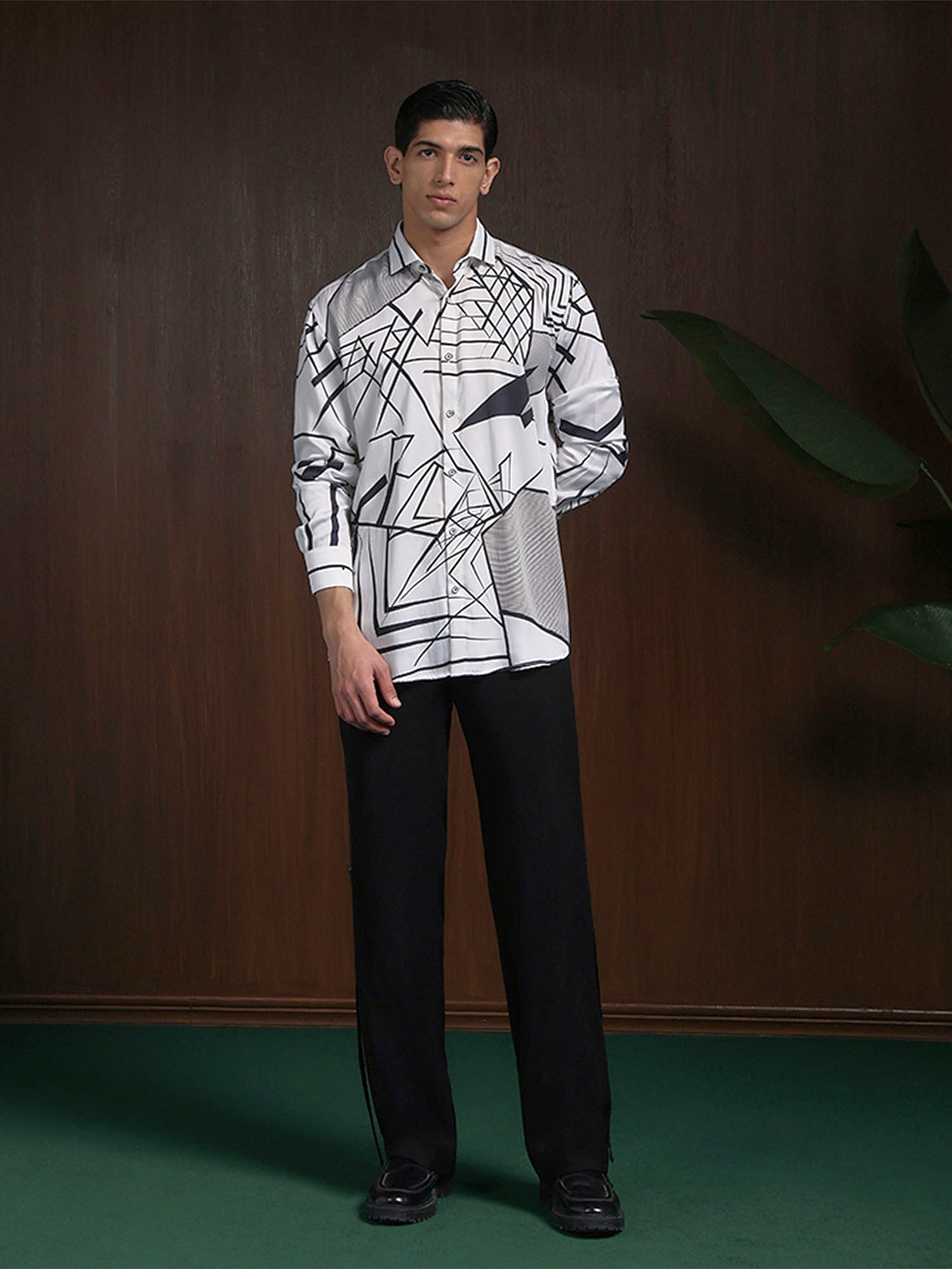 White & Black Slim Fit Tencel Shirt with Striking Print Design