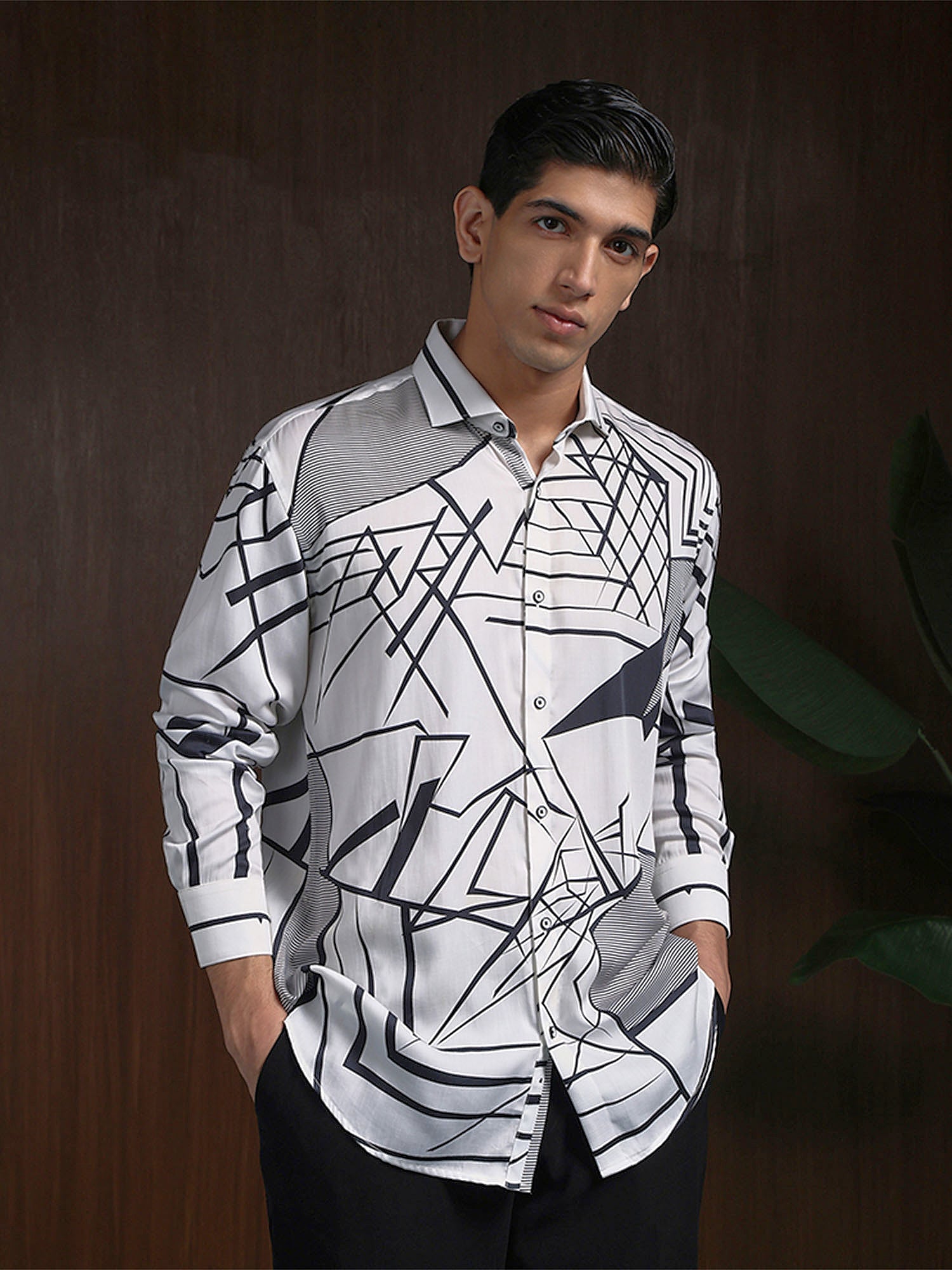 White & Black Slim Fit Tencel Shirt with Striking Print Design