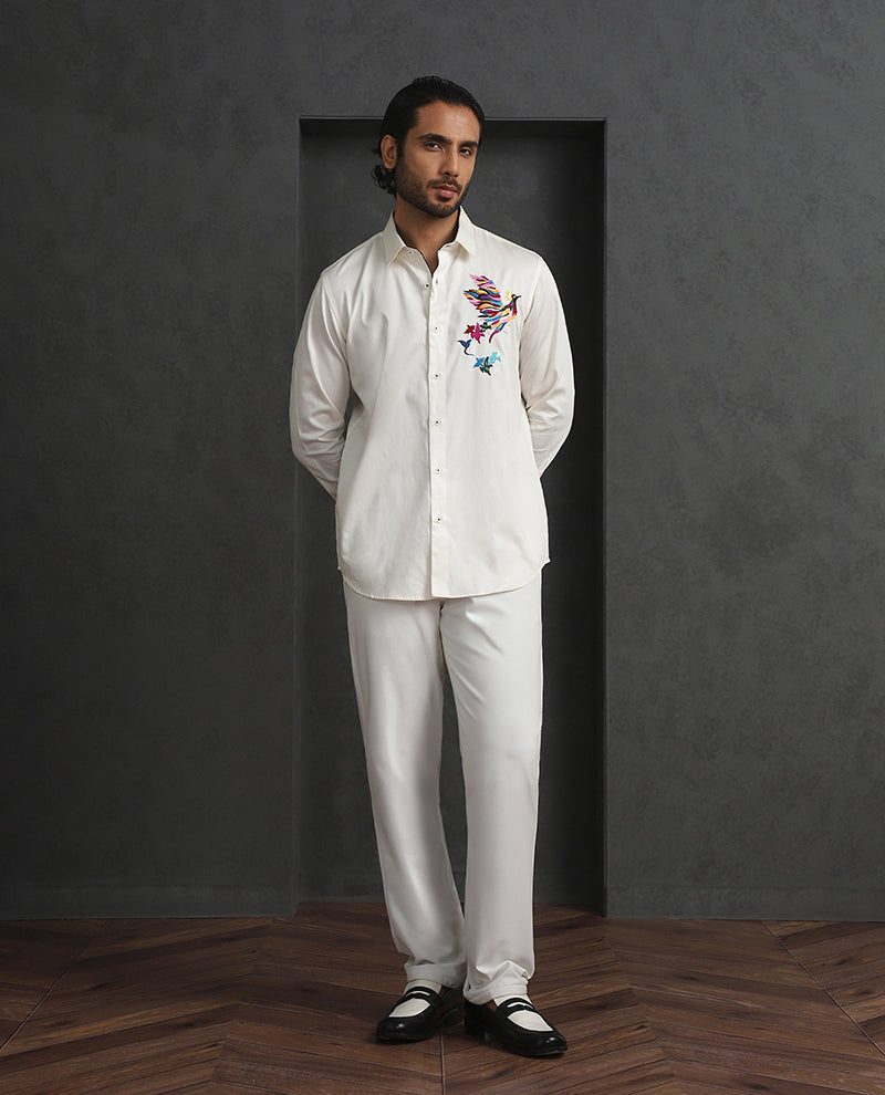 Cream Slim Fit Cotton Shirt with Subtle Embroidery Detailing