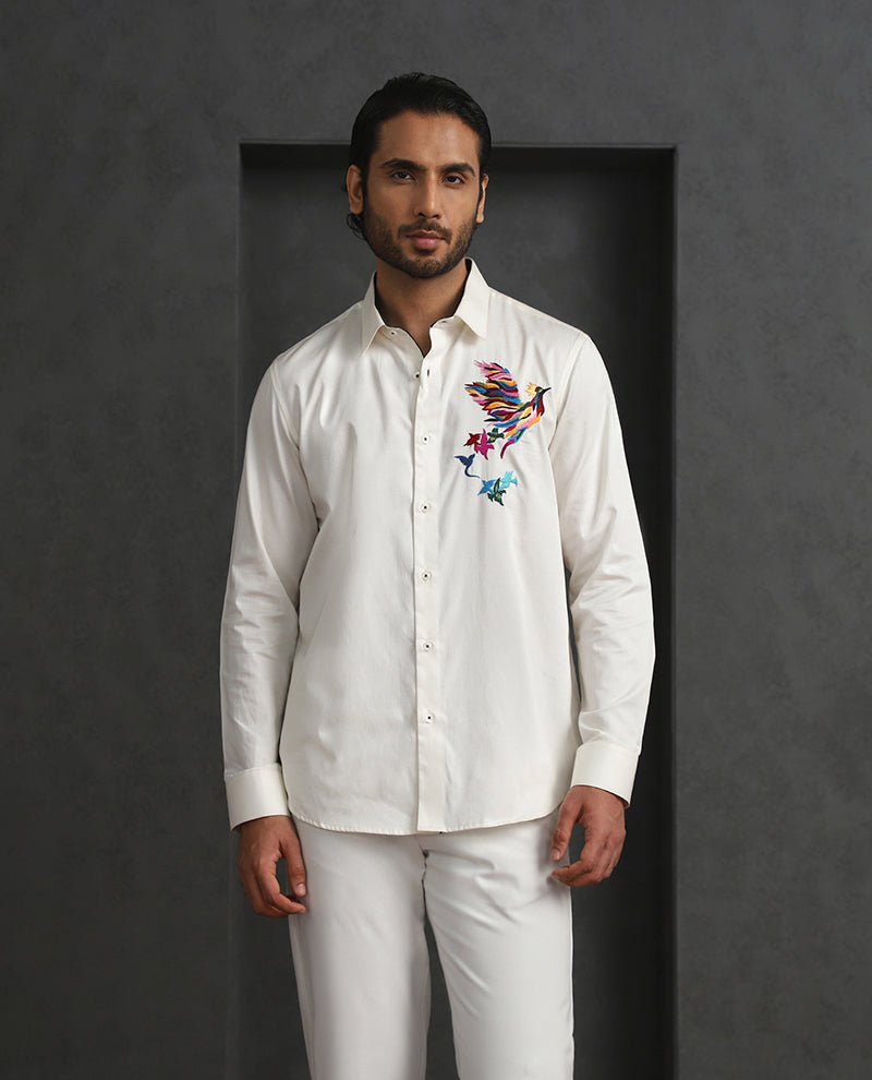 Cream Slim Fit Cotton Shirt with Subtle Embroidery Detailing