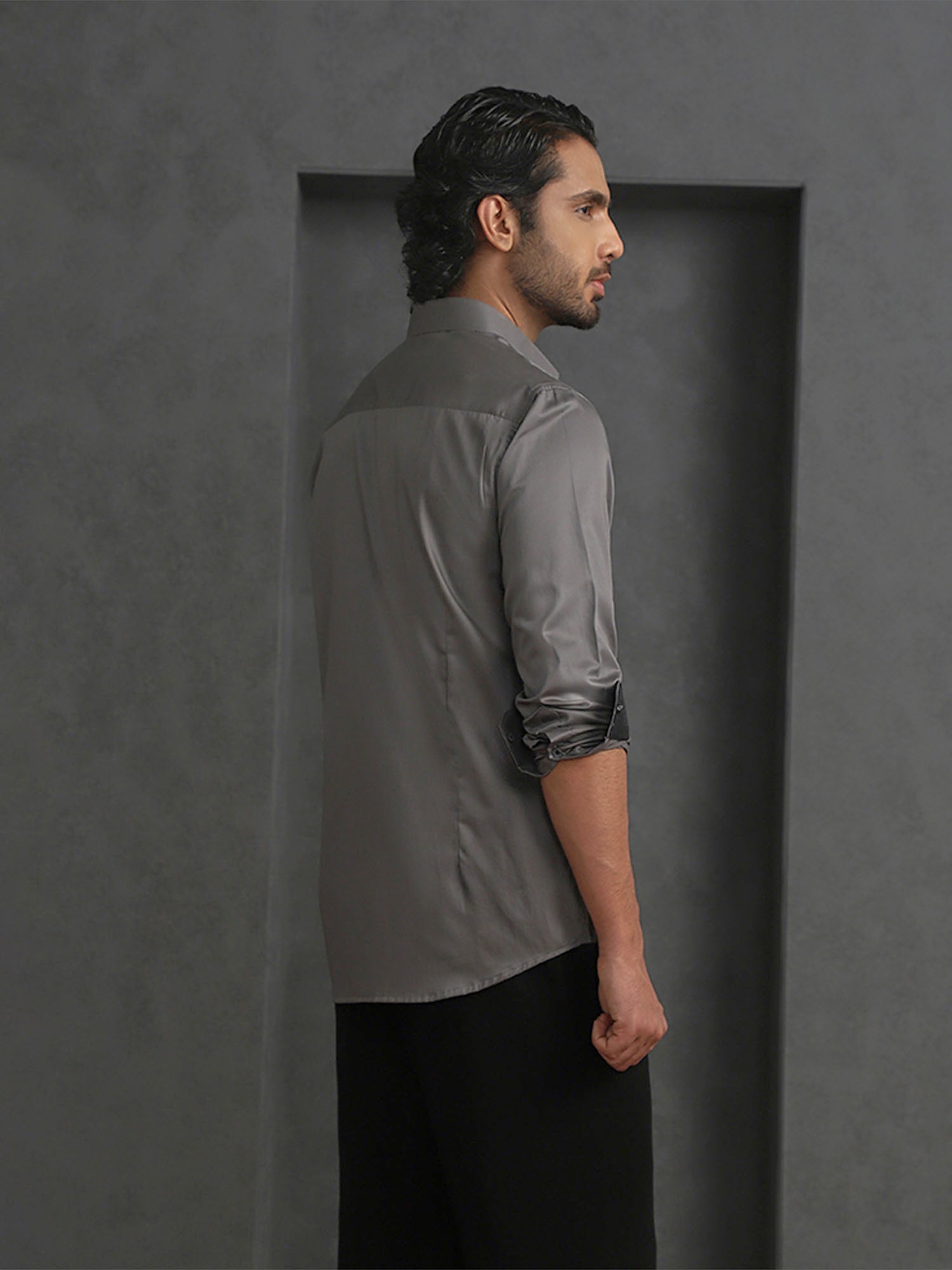 Dark Grey Slim Fit Cotton Shirt with Elegant Embroidery Detailing