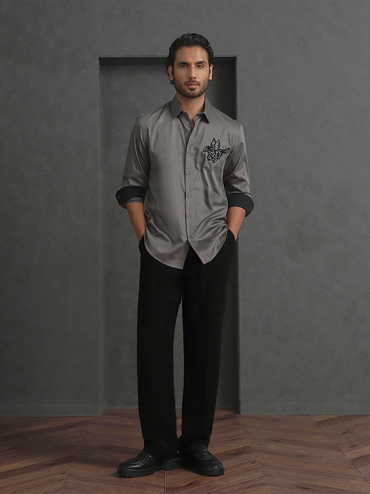 Dark Grey Slim Fit Cotton Shirt with Elegant Embroidery Detailing