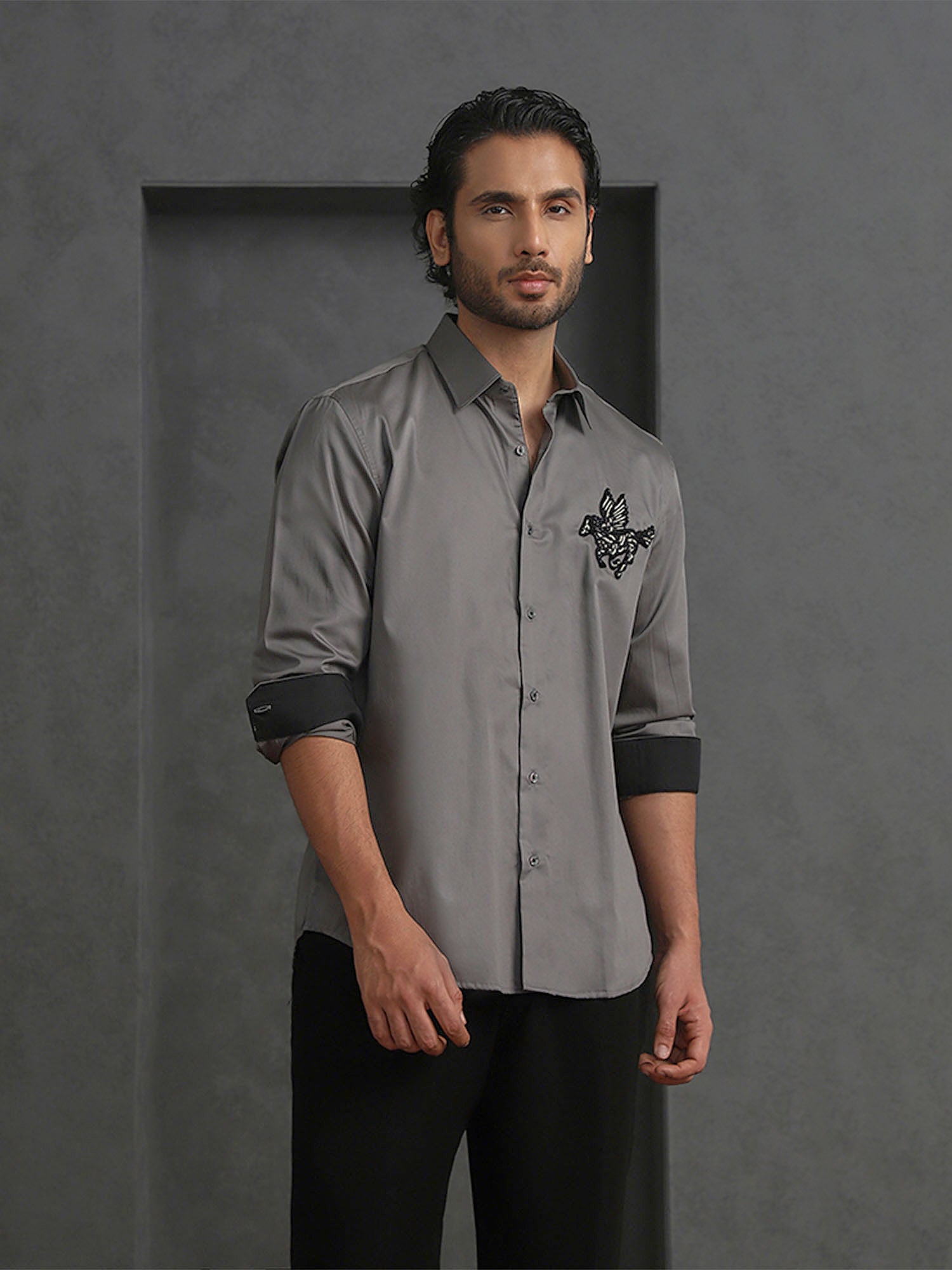 Dark Grey Slim Fit Cotton Shirt with Elegant Embroidery Detailing