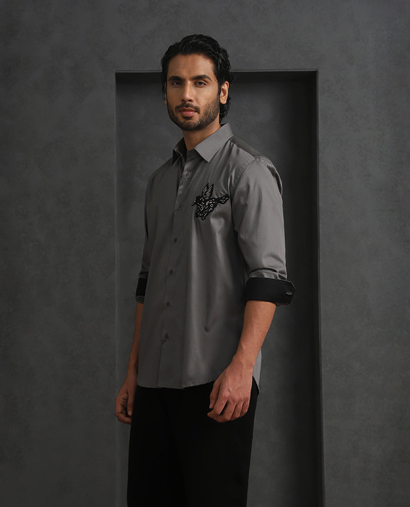 Dark Grey Slim Fit Cotton Shirt with Elegant Embroidery Detailing