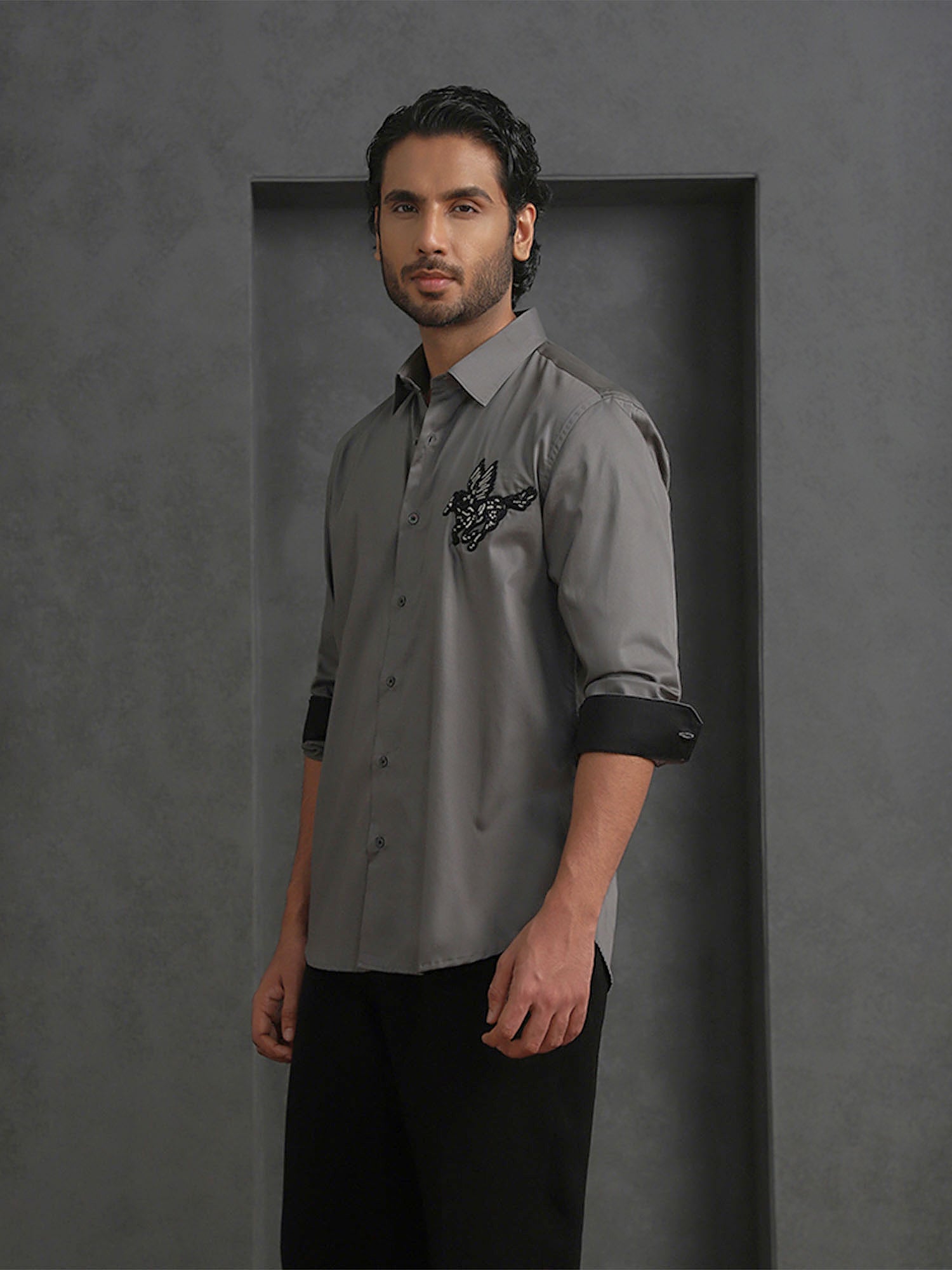 Dark Grey Slim Fit Cotton Shirt with Elegant Embroidery Detailing