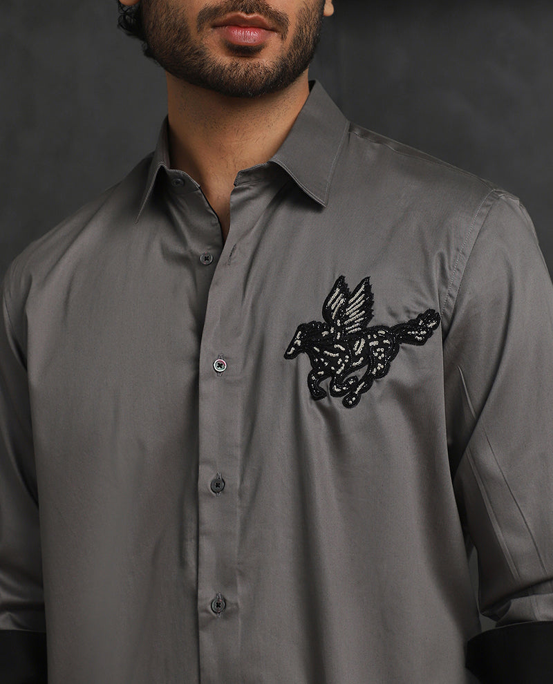 Dark Grey Slim Fit Cotton Shirt with Elegant Embroidery Detailing
