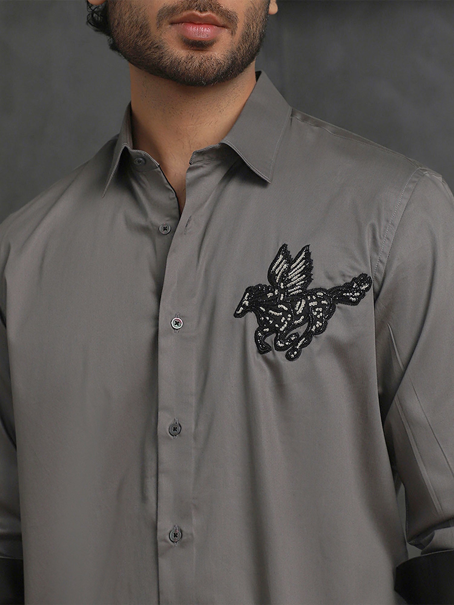 Dark Grey Slim Fit Cotton Shirt with Elegant Embroidery Detailing