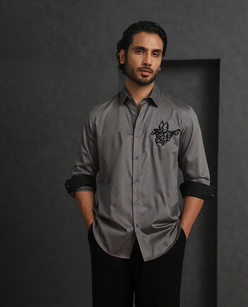 Dark Grey Slim Fit Cotton Shirt with Elegant Embroidery Detailing