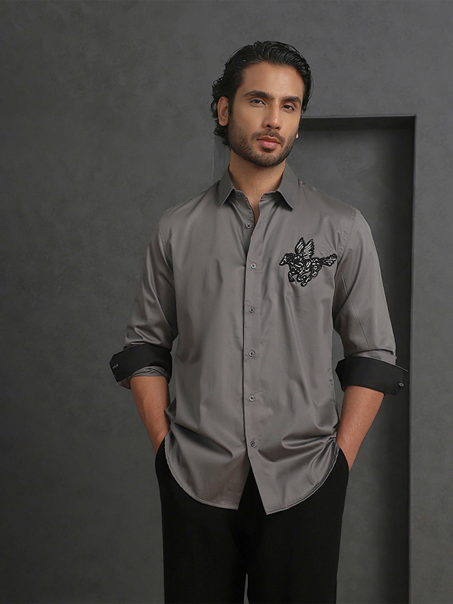 Dark Grey Slim Fit Cotton Shirt with Elegant Embroidery Detailing