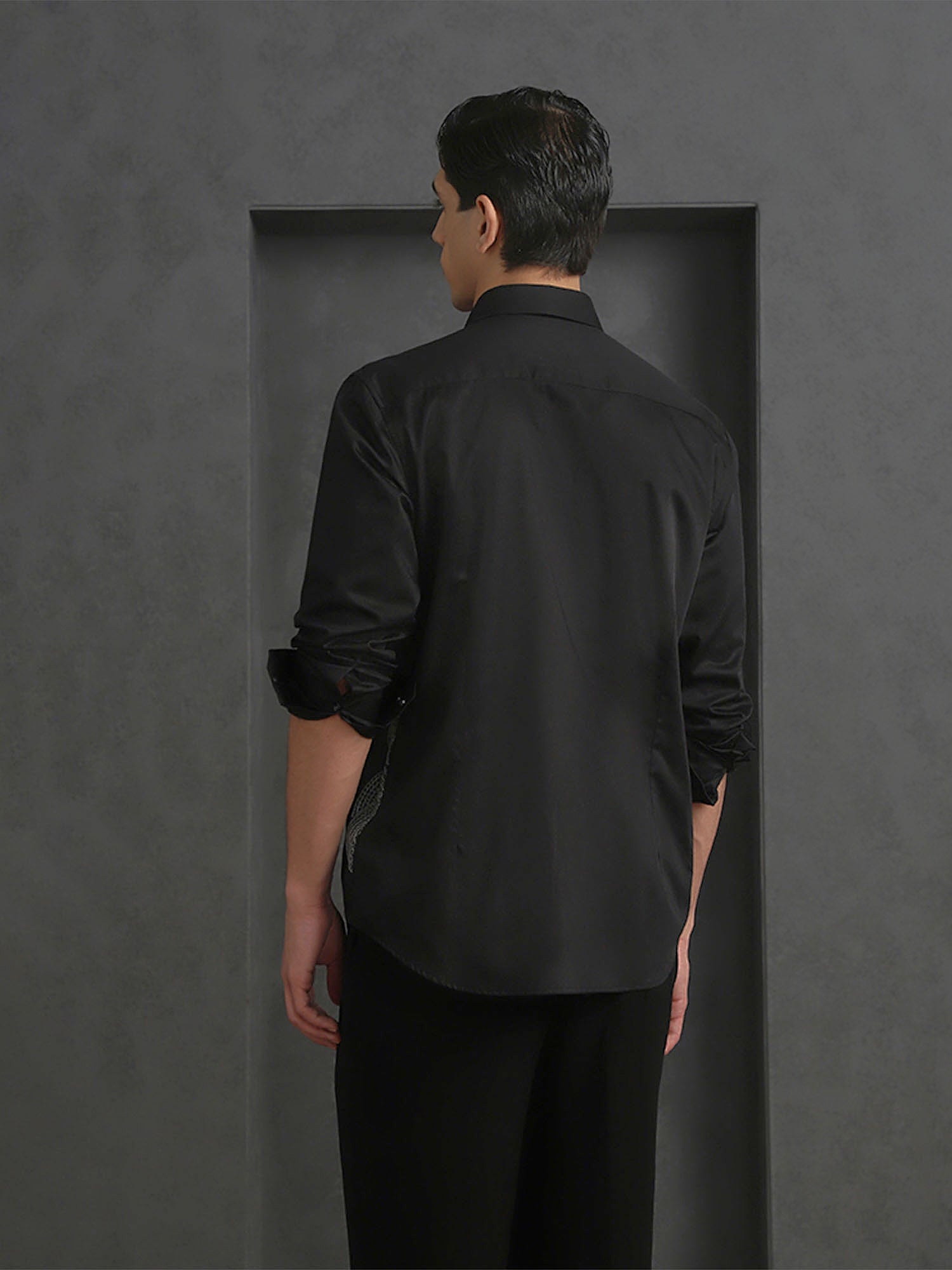 Black Slim Fit Cotton Shirt with Refined Embroidery Accents