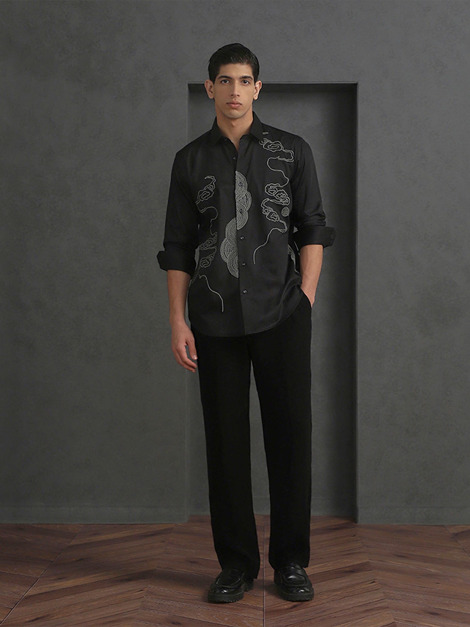 Black Slim Fit Cotton Shirt with Refined Embroidery Accents