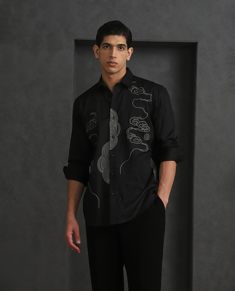 Black Slim Fit Cotton Shirt with Refined Embroidery Accents