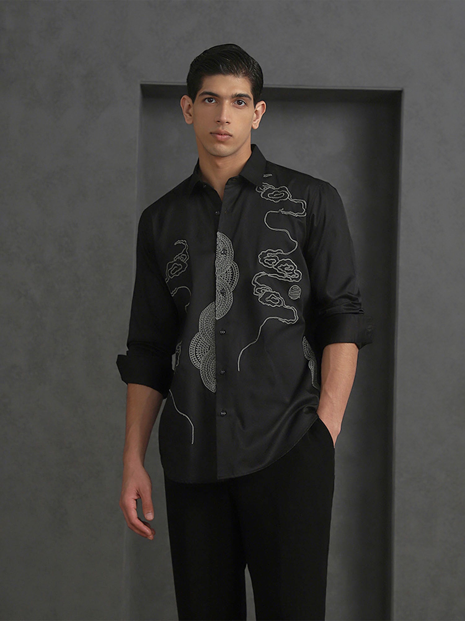 Black Slim Fit Cotton Shirt with Refined Embroidery Accents