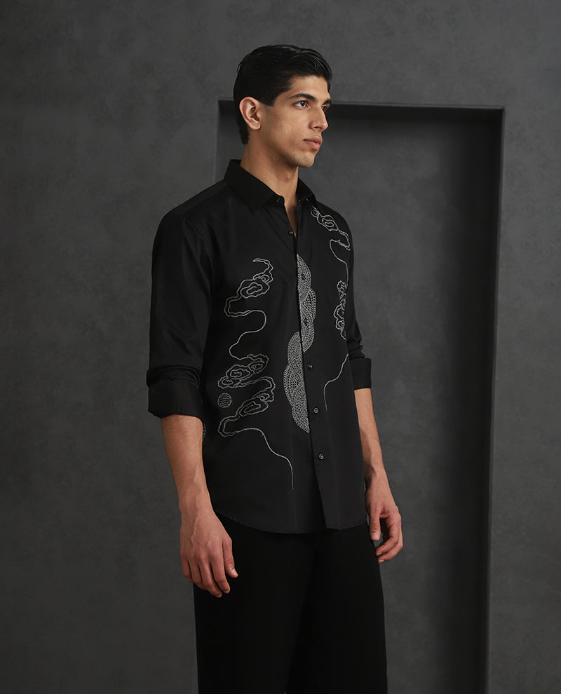 Black Slim Fit Cotton Shirt with Refined Embroidery Accents