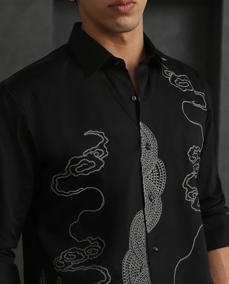 Black Slim Fit Cotton Shirt with Refined Embroidery Accents