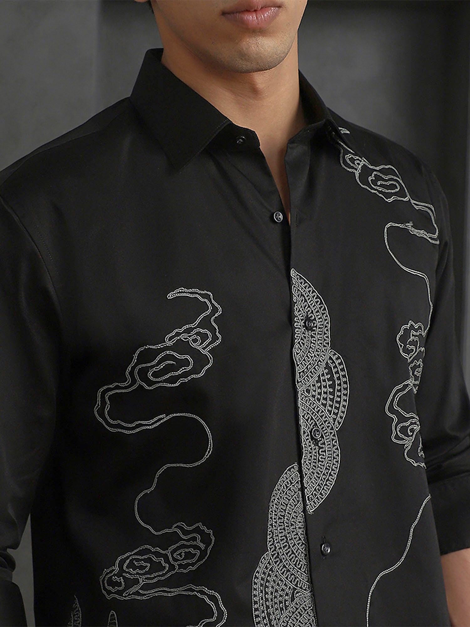 Black Slim Fit Cotton Shirt with Refined Embroidery Accents