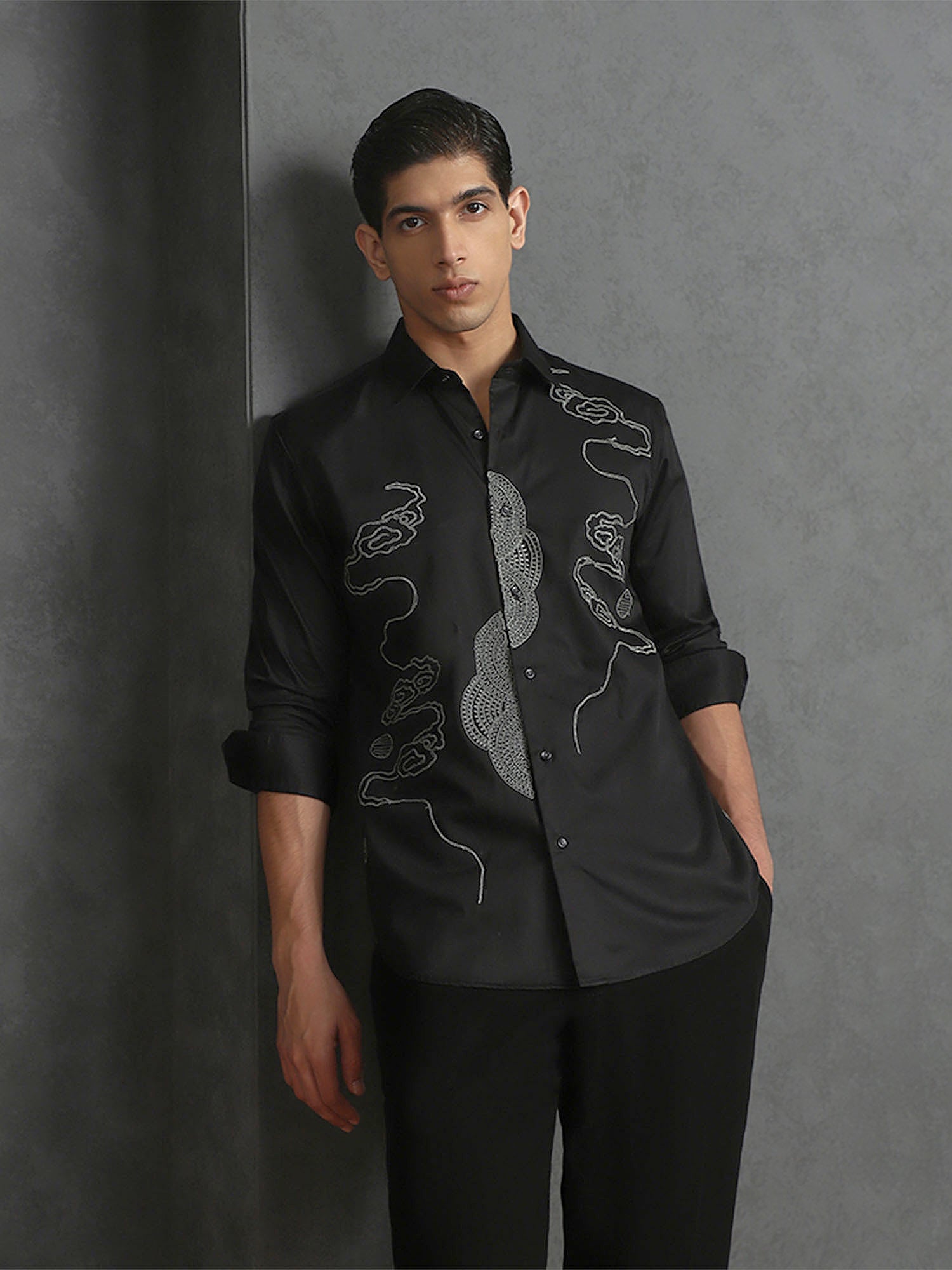 Black Slim Fit Cotton Shirt with Refined Embroidery Accents