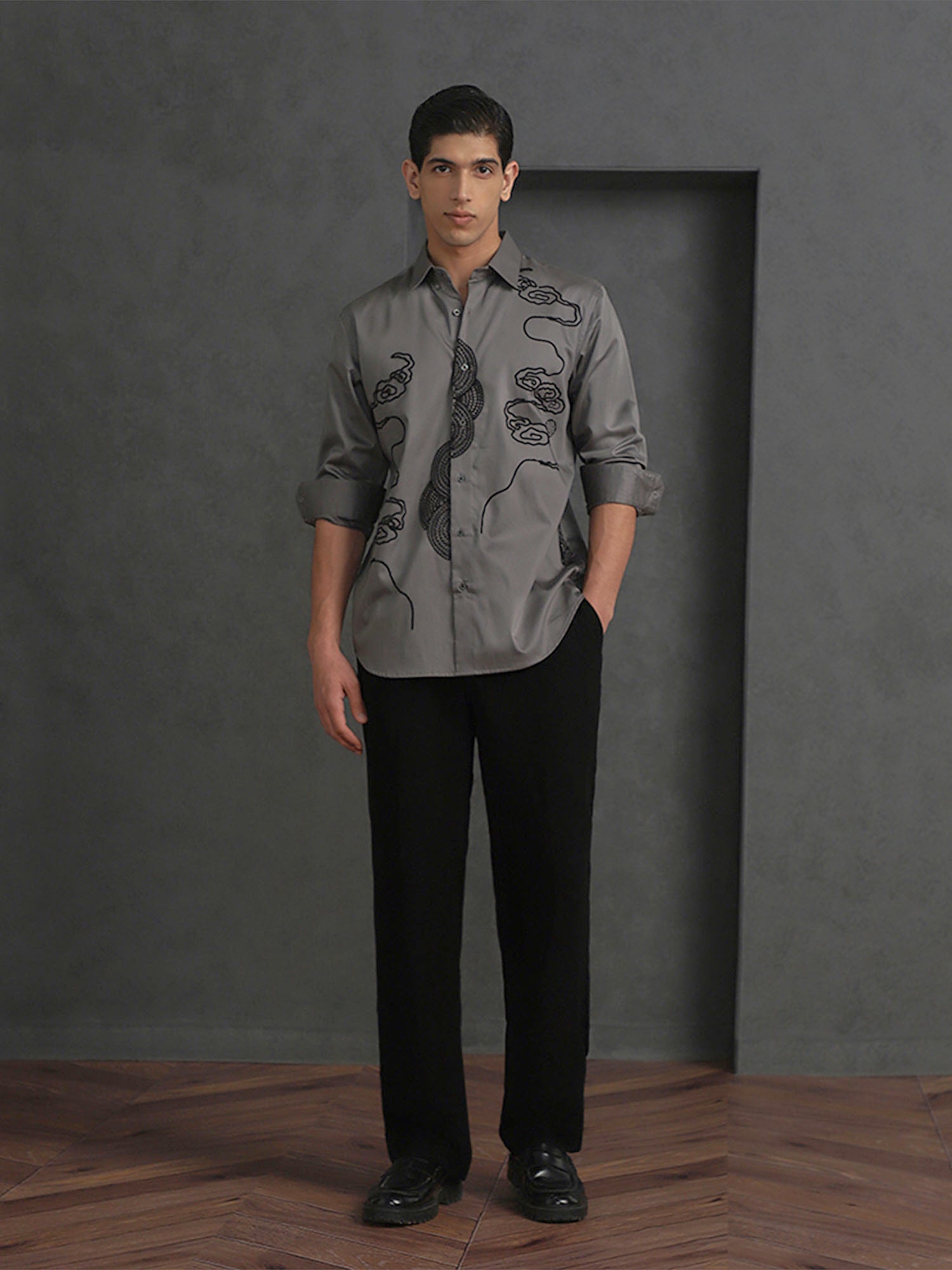 Grey Slim Fit Cotton Shirt with Elegant Embroidery Finish