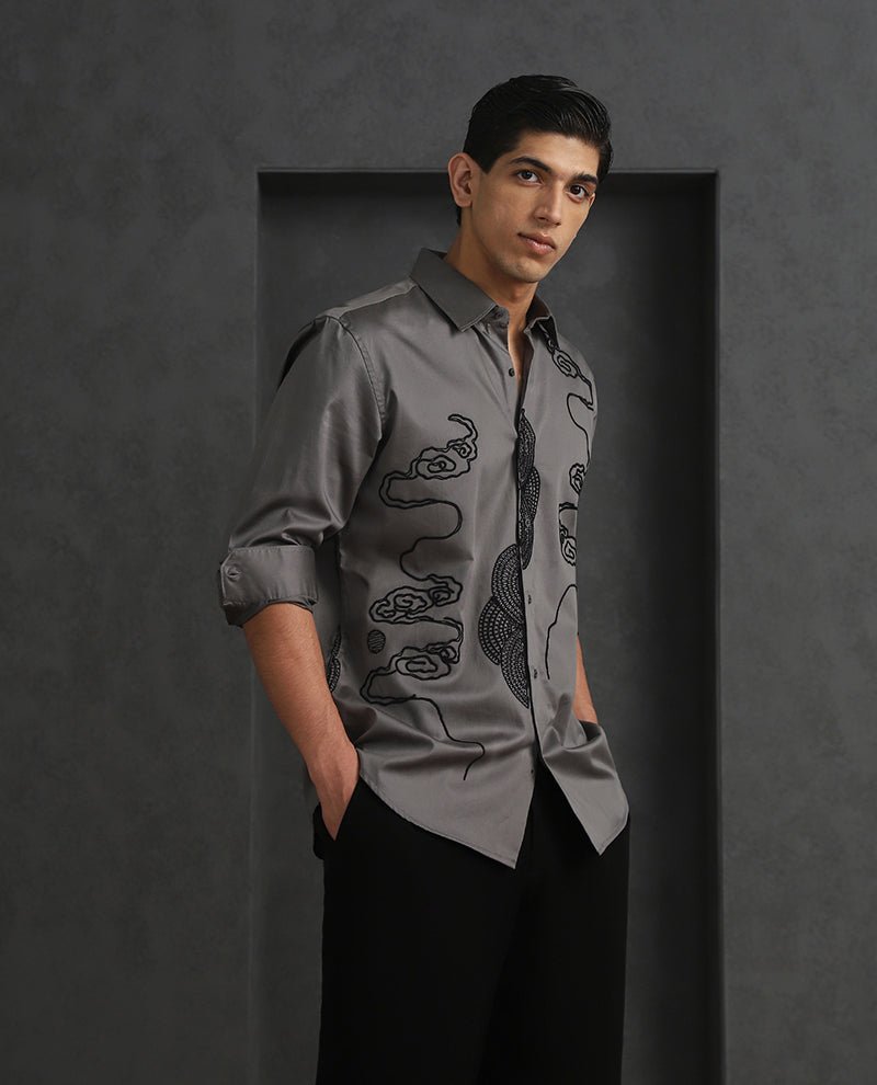 Grey Slim Fit Cotton Shirt with Elegant Embroidery Finish