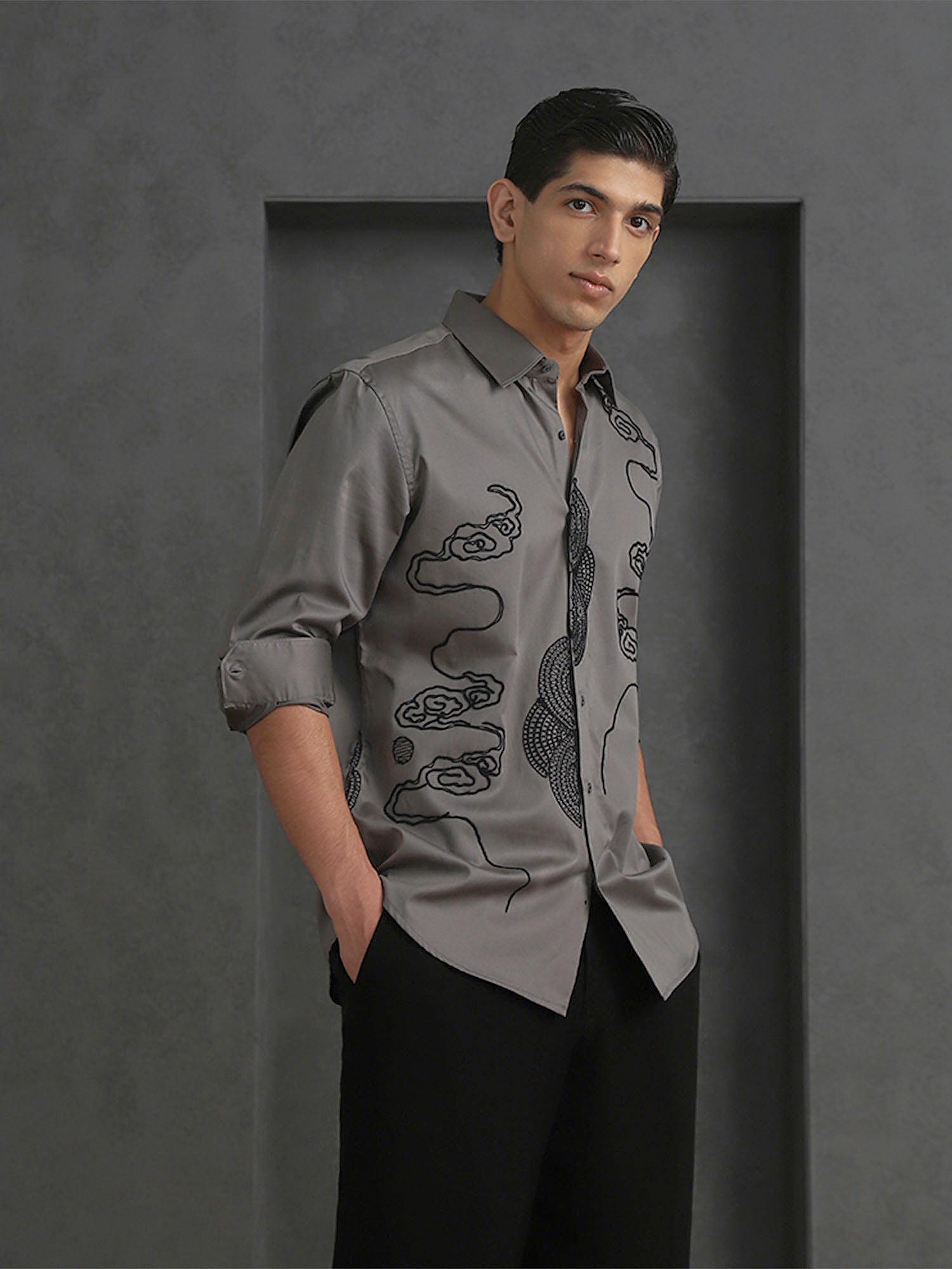 Grey Slim Fit Cotton Shirt with Elegant Embroidery Finish