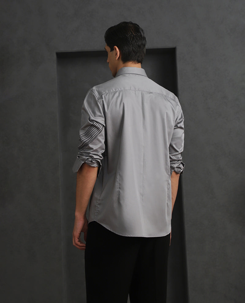 Grey Slim Fit Cotton Shirt with Small Collar and Distinct Embroidery