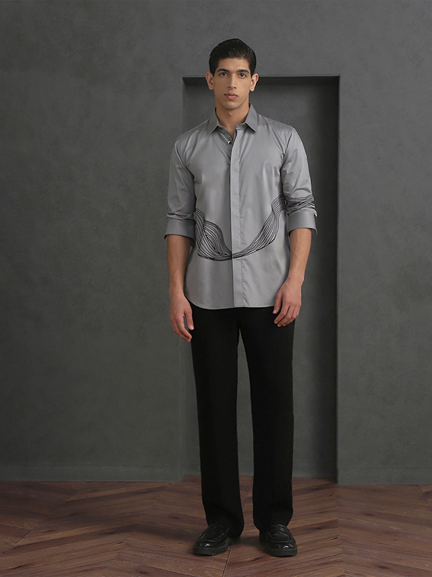 Grey Slim Fit Cotton Shirt with Small Collar and Distinct Embroidery