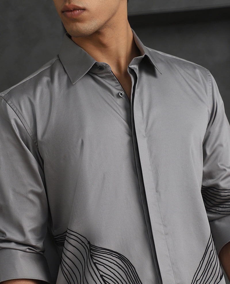 Grey Slim Fit Cotton Shirt with Small Collar and Distinct Embroidery