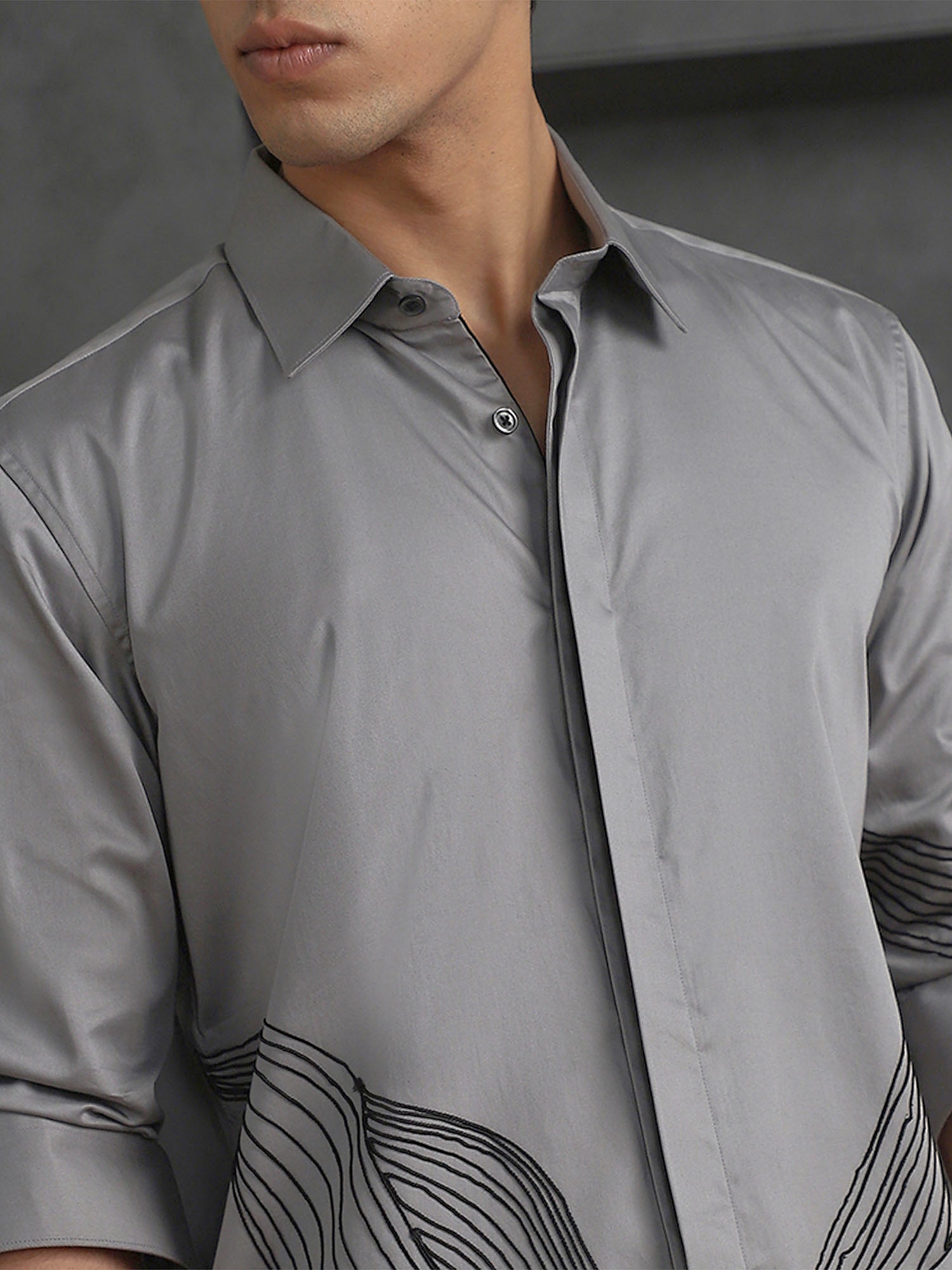 Grey Slim Fit Cotton Shirt with Small Collar and Distinct Embroidery
