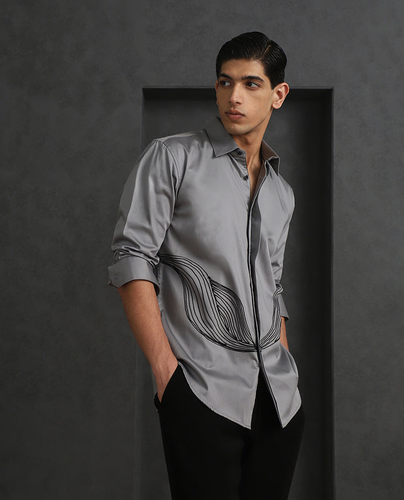 Grey Slim Fit Cotton Shirt with Small Collar and Distinct Embroidery